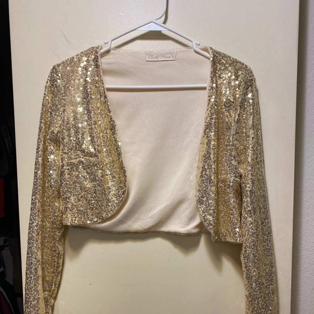 Gold Sequin Shrug Long Sleeve Open Front Crop
